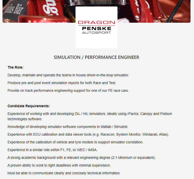 Performance Engineer Drago/Penske